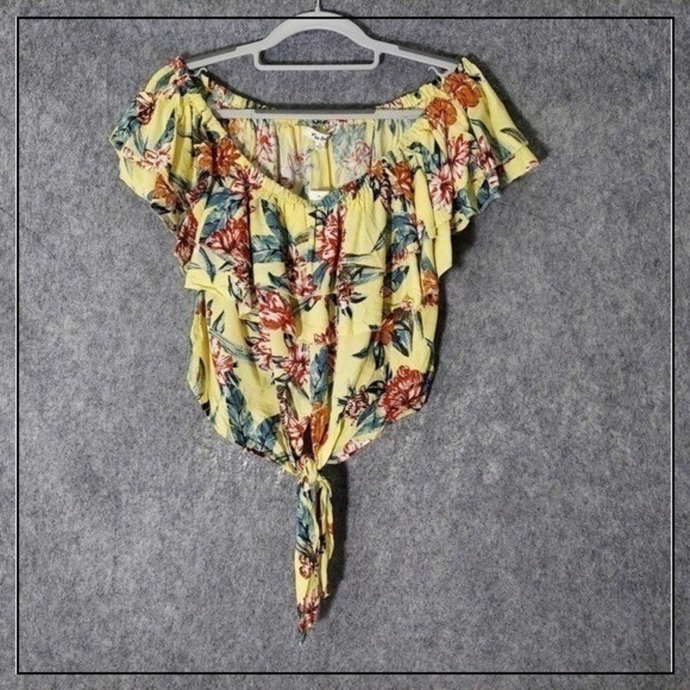 Miss Selfie Women Top L Yellow Hawaiian Floral Ruffle Off Shoulder Tie Front